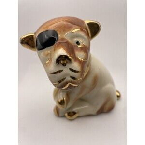 Vintage Dog with Eye Patch Broken Arm Gold Detail Porcelain Ceramic Figurine